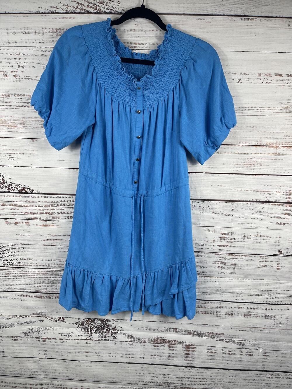 Nikkie Dress 38 Size Medium Blue Smocked Neck Puff Sleeve Ruffle Hem Linen Blend